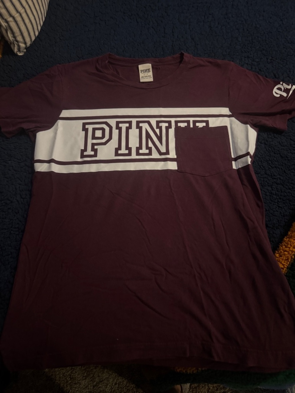 PINK Victoria's Secret Maroon and White Striped Logo Pocket Tee size S